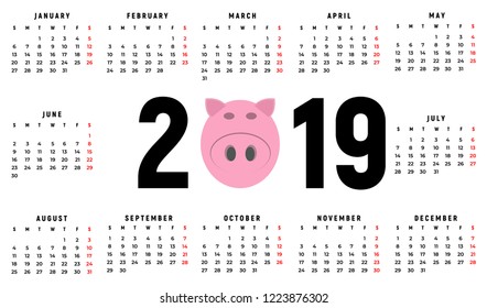 Calendar 2019 year. Black and white vector template. Week starts on Sunday. Basic grid. Pocket square calender. Ready design