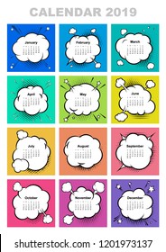 Calendar for 2019 year. Boom comic book explosion, speech bubble vector illustration. Week starts on sunday. Template for your design