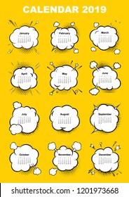 Calendar for 2019 year. Boom comic book explosion, speech bubble vector illustration. Week starts on sunday. Template for your design