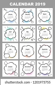 Calendar for 2019 year. Boom comic book explosion, speech bubble vector illustration. Week starts on sunday. Template for your design