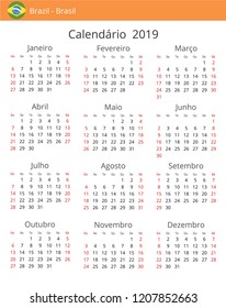 Calendar 2019 year for Brazil country. Portuguese language. In a portrait format with red weekends. Week starts on Sunday