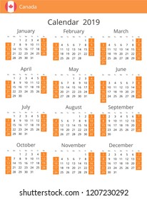 Calendar 2019 year for Canada country. English language. In a portrait format. Week starts on Sunday