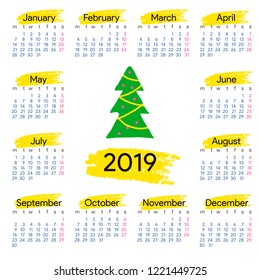Calendar 2019 year with christmas tree . Square size. Week Starts on Monday. Set of 12 Months. Vector illustration