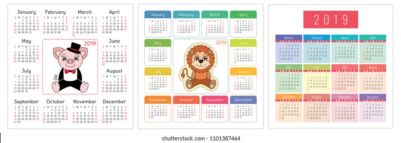 Calendar 2019 year. Colorful English set. Pig, leo, lion. Animal. Kids illustration. Week starts on Sunday. Vector template collection. Basic calender grid. Square. Chinese symbol