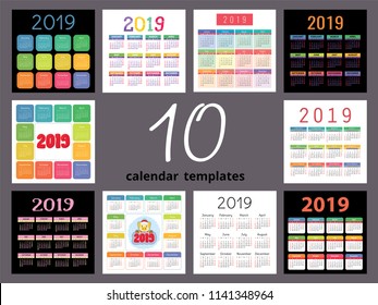 Calendar 2019 year. Colorful English set. Week starts on Sunday. Vector template collection. Calender design. Basic grid