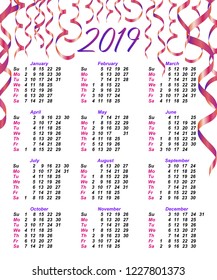 Calendar for 2019 year with colorful paper streamers and confetti. Vector illustration