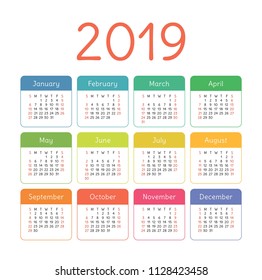 Calendar 2019 year. Colorful vector template. Week starts on Sunday. Basic color grid. Pocket square calender. Ready design
