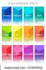 Calendar for 2019 year. Colorful vector set. Week starts on sunday. Template for your design