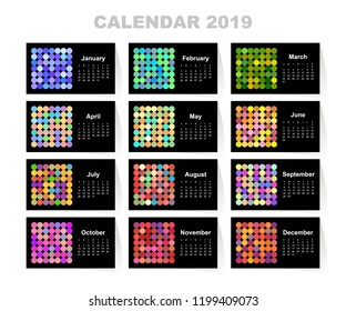 Calendar for 2019 year. Colorful vector set. Week starts on sunday. Template for your design