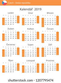 Calendar 2019 year for Czech country. Czech language. In a portrait format. Week starts on Sunday