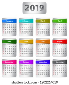 Calendar for 2019 year in English with colorful stickers. Vector illustration