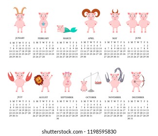 Calendar 2019 year. Funny horoscope, cute animals. The pigs dressed up in zodiac signs. Set of zodiac signs in cartoon style. Hand drawing. Vector illustration. Isolated objects on white background.