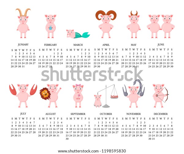 Calendar 2019 Year Funny Horoscope Cute Stock Vector (Royalty Free ...