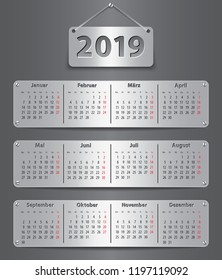 Calendar for 2019 year in German with attached metallic tablets. Vector illustration