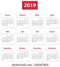 Calendar for 2019 year in German on white paper. Vector illustration