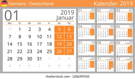 Calendar 2019 year for Germany country. Deutsch language. Set of 12 Months. Week starts on Monday