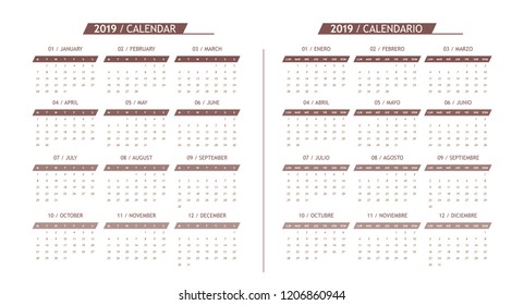 Calendar 2019 year grid design isolated on white background. English and Spanish language. Week starts monday. Holidays are not marked. Vector calendar for year 2019 Template. Set of 12 Months