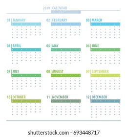 Calendar 2019 year grid design isolated on white background. English language. Week starts monday. Holidays are not marked. Vector calendar for year 2019 Template. Set of 12 Months