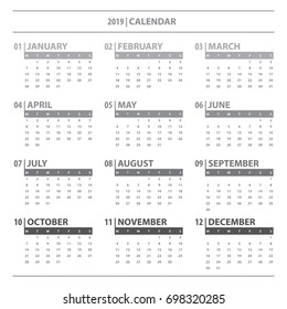 Calendar 2019 year grid design isolated on white background. English language. Week starts monday. Holidays are not marked. Vector calendar for year 2019 Template. Set of 12 Months