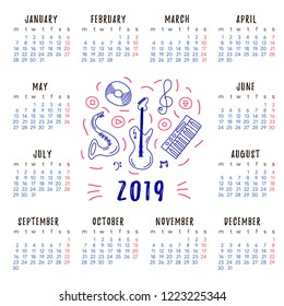 Calendar 2019 year with hand drawn musical instruments in doodle style. Square size. Week Starts on Monday. Set of 12 Months. Vector illustration