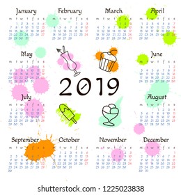 Calendar 2019 year with hand drawn sweets, ice cream, muffin in doodle style. Square size. Week Starts on Monday. Set of 12 Months. Vector illustration