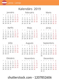 Calendar 2019 year for Latvia country. Latvian language. In a portrait format with red weekends. Week starts on Monday