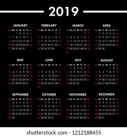 Calendar 2019 year on black background. Week starts sunday