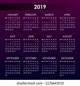 Calendar for 2019 year on purple background. Week starts monday. Vector design template
