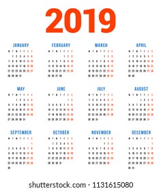 Calendar for 2019 year on white background. Week starts on Monday. 4 columns, 3 rows. Simple calendar vector design element for your poster, flyer, planner, card. Stationery design template