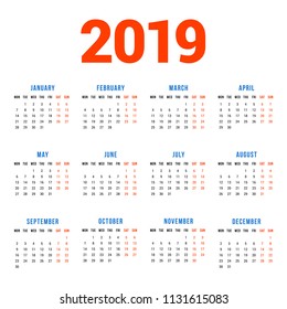 Calendar for 2019 year on white background. Week starts on Monday. 4 columns, 3 rows. Simple calendar vector design element for your poster, flyer, planner, card. Stationery design template