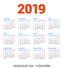 Calendar for 2019 year on white background. Week starts on Sunday. 4 columns, 3 rows. Simple calendar vector design element for your poster, flyer, planner, card. Stationery design template