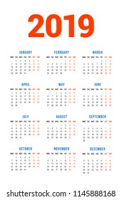 Calendar for 2019 year on white background. Week starts on Monday. 3 columns, 4 rows. Simple calendar vector design element for your poster, flyer, planner, card. Stationery design template