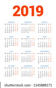 Calendar for 2019 year on white background. Week starts on Monday. 3 columns, 4 rows. Simple calendar vector design element for your poster, flyer, planner, card. Stationery design template
