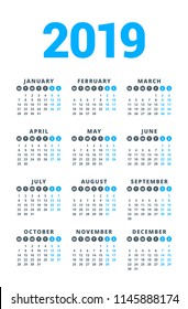 Calendar for 2019 year on white background. Week starts on Monday. 3 columns, 4 rows. Simple calendar vector design element for your poster, flyer, planner, card. Stationery design template