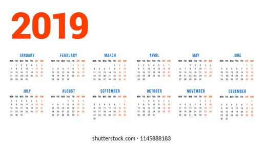 Calendar for 2019 year on white background. Week starts on Monday. 6 columns, 2 rows. Simple calendar vector design element for your poster, flyer, planner, card. Stationery design template