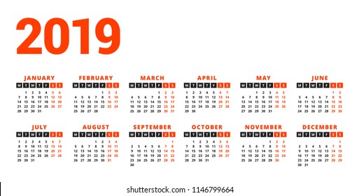 Calendar for 2019 year on white background. Week starts on Monday. 6 columns, 2 rows. Simple calendar vector design element for your poster, flyer, planner, card. Stationery design template