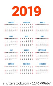 Calendar for 2019 year on white background. Week starts on Sunday. 3 columns, 4 rows. Simple calendar vector design element for your poster, flyer, planner, card. Stationery design template