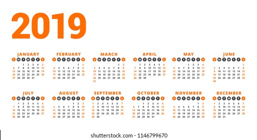 Calendar for 2019 year on white background. Week starts on Sunday. 6 columns, 2 rows. Simple calendar vector design element for your poster, flyer, planner, card. Stationery design template