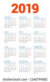 Calendar for 2019 year on white background. Week starts on Monday. 3 columns, 4 rows. Simple calendar vector design element for your poster, flyer, planner, card. Stationery design template