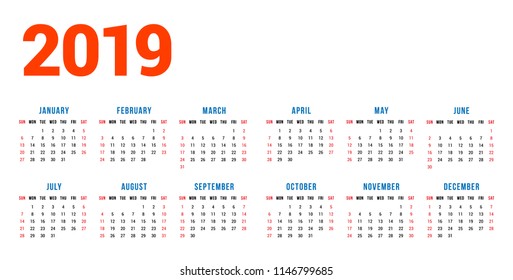 Calendar for 2019 year on white background. Week starts on Sunday. 6 columns, 2 rows. Simple calendar vector design element for your poster, flyer, planner, card. Stationery design template