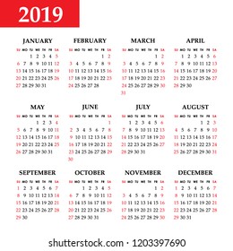 Calendar 2019 year on a white background. Week starts sunday