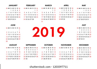 Calendar 2019 year on a white background. Week starts sunday