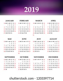 Calendar 2019 year on a white background. Week starts sunday