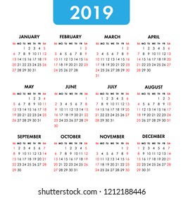 Calendar 2019 year on a white background. Week starts sunday