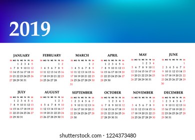 Calendar 2019 year on a white background. Week starts sunday