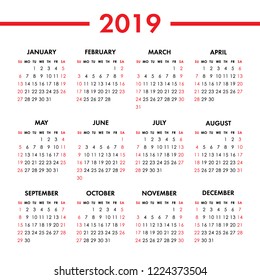 Calendar 2019 year on a white background. Week starts sunday