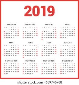 Calendar for 2019 Year on White Background. Week Starts Sunday. Simple Vector Template. Stationery Design Template