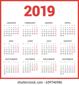 Calendar for 2019 Year on White Background. Week Starts Monday. Simple Vector Template. Stationery Design Template