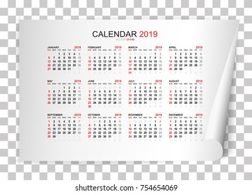 Calendar 2019 year on white paper curled with soft shadow and transparent background. Vector illustration.