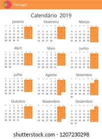 Calendar 2019 year for Portugal country. Portuguese language. In a portrait format. Week starts on Monday